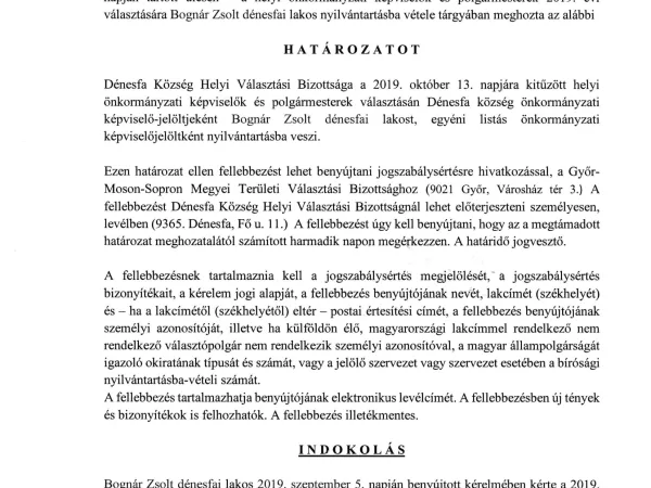 A Helyi Választási Bizottság nyilvántartásba vételi határozatai (2019) (3. kép)
