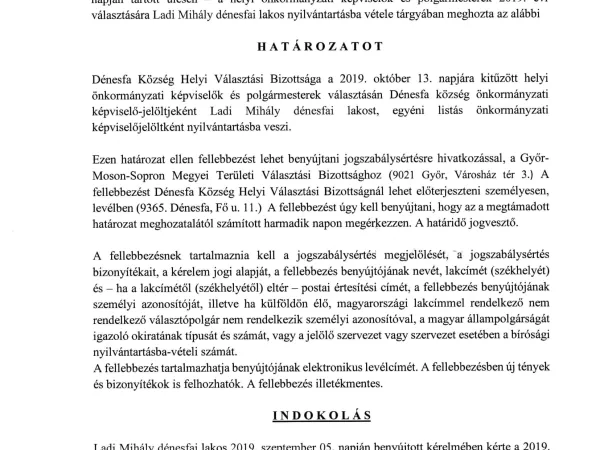A Helyi Választási Bizottság nyilvántartásba vételi határozatai (2019) (5. kép)